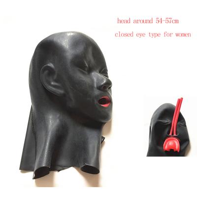 Full Head Latex Mask Fetish Open And Closed Eyes Rubber Head Cover With Red Mouth Teeth Lip Cover Tongue Nose Tube 54-57 Cm
