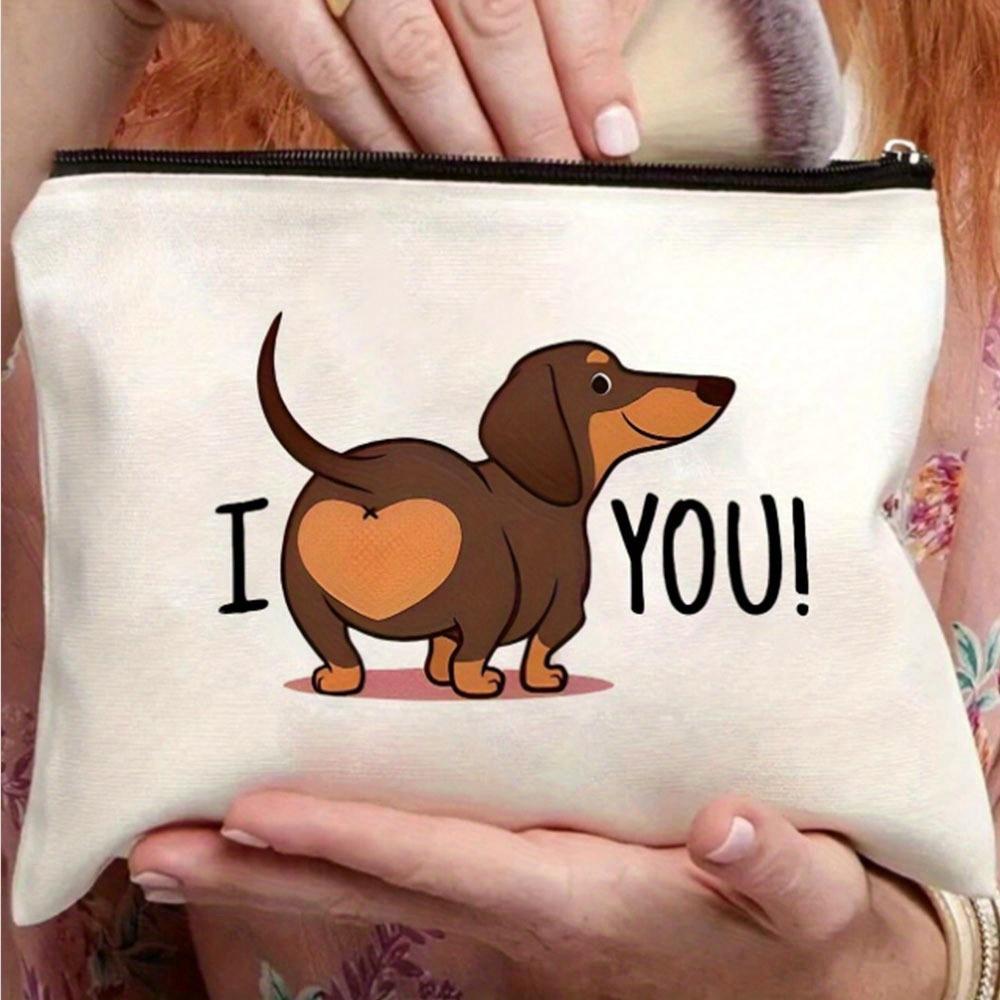 Funny Dachshund Butt Makeup Bag - Cute Brown Puppy with "I YOU!" Heart, Mini Zip-Free Purse for Women, S, Teachers