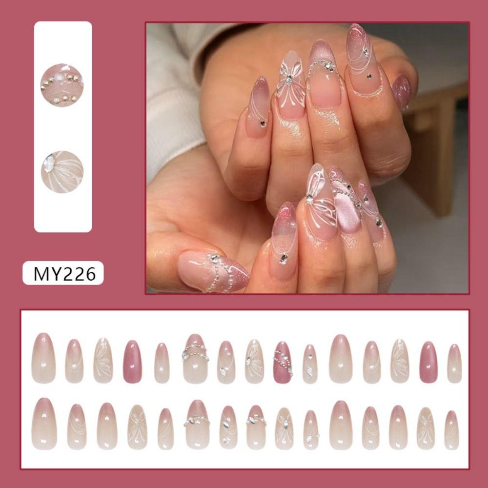 24pcs Long Almond False Nails French White Edge Aurora Butterfly Strawberry Press on Nails Starry Golden Ripple Detachable