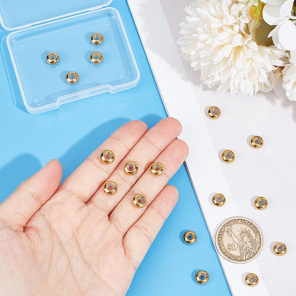 1box 20pcs Stainless Steel Beads with Rubber Inside Slider Beads Rondelle Golden 8x4mm Hole: 2mm