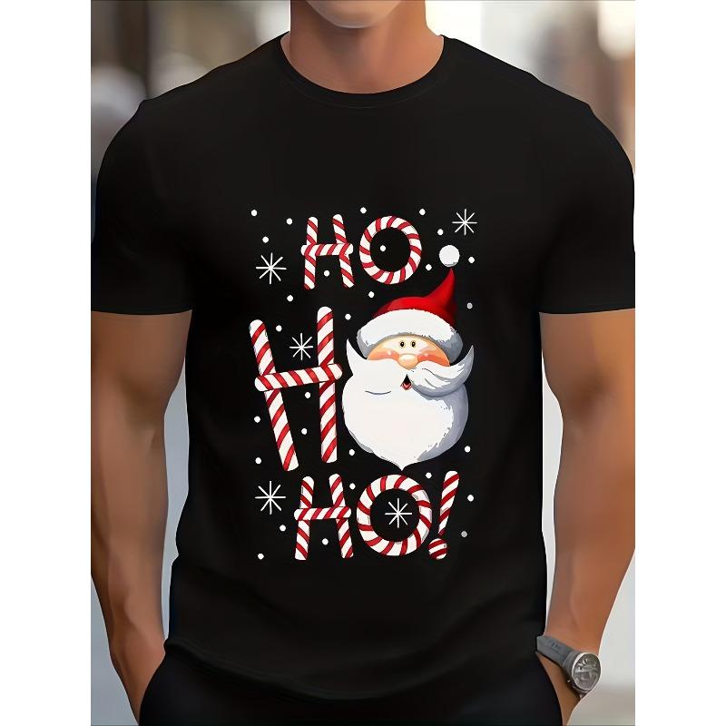 Men's Print T-Shirt - Candy Cane and Snowflake Pattern, Crew Neck Short Sleeve Casual Christmas Party Outfit, Holiday Gift, Machine Washable, Loose
