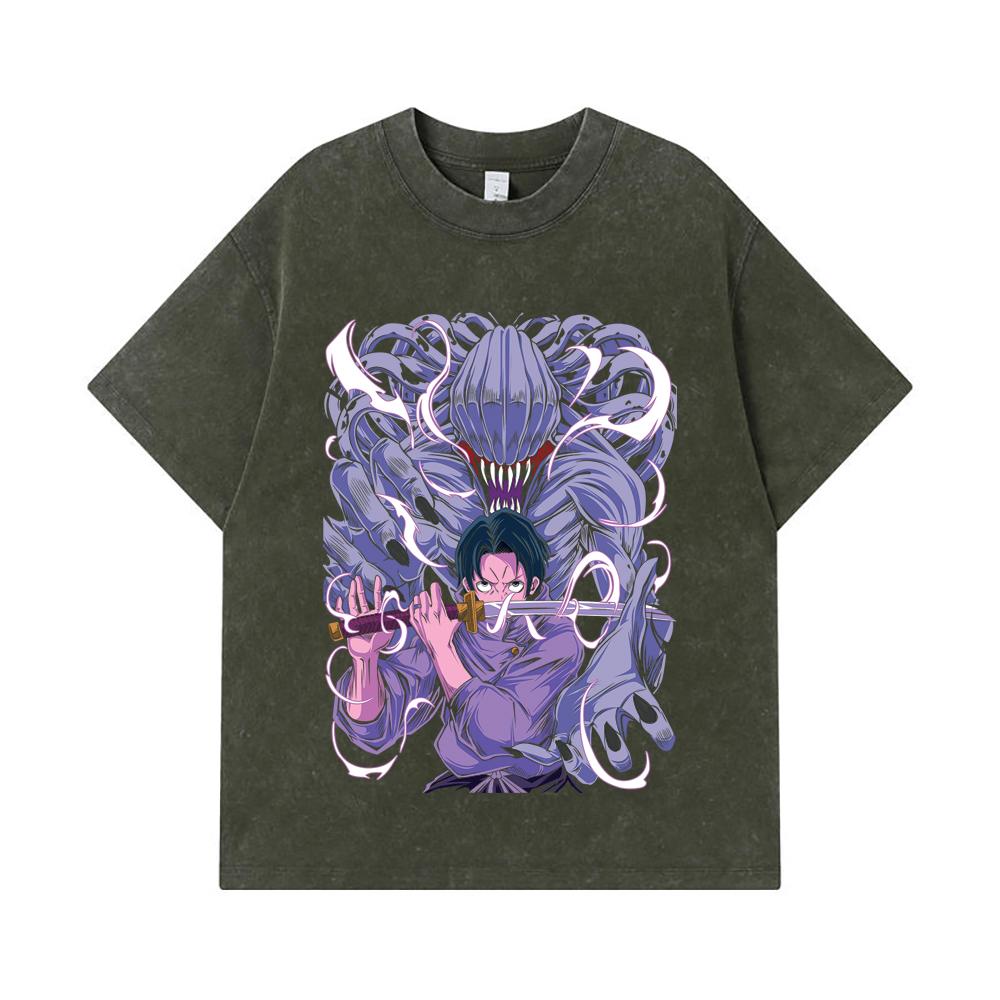 

275 GSM Washed T-shirts 100% Cotton Jujutsu Kaisen V52 Yuta Print Unisex Heavy Cotton T Shirt S армия зеленый