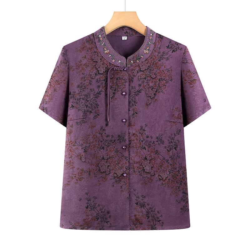 Elegant Summer Shirt for Seniors: Grandma Style Chinese-Inspired Short Sleeve for 70s & 80s Women 4XL фиолетовый