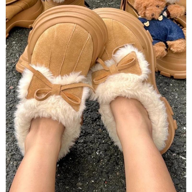 Fashion Cute Butterfly Knot Slip-On Half Slippers Women's Fashion Thick Bottom Wool Snow Boots Round Toe Rubber Sole Winter Shoes