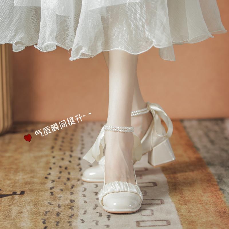 Scarpe da damigella d'onore per fidanzamento vento fatato non stancano da indossare quotidianamente, delicato vento serale tacchi spessi tacchi alti Mary Jane scarpe singole donne