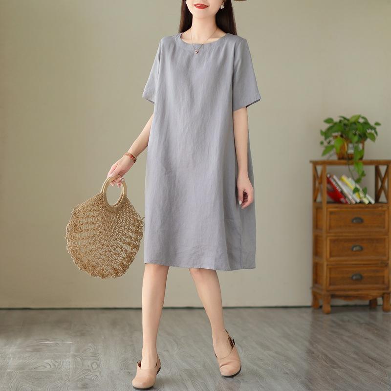 

Solid Color Simple Round Neck Short Sleeve Light Cotton and Linen Dress Women s Summer New Loose and Thin Medium and Long Dress 2XL светло-серый