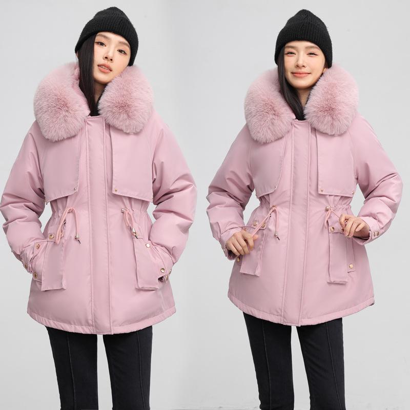 Women's Korean Style Loose Fit Winter Down Cotton Coat with Waist-Cinching and Thickened Velvet Lining