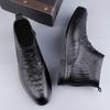 New Autumn and Winter Large Size Velvet High-top Leather Shoes Men's Embossed Crocodile Pattern Cowhide Martin Boots British Side Zipper Men's Shoes