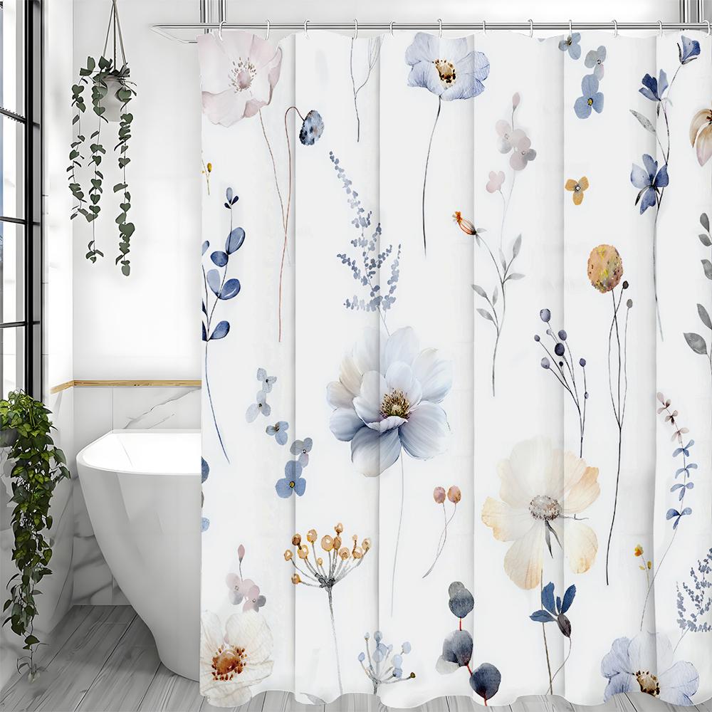 Spring Flower Plant Shower Curtain, Bathroom Decorative Shower Curtain, Waterproof Shower Curtain with Hooks