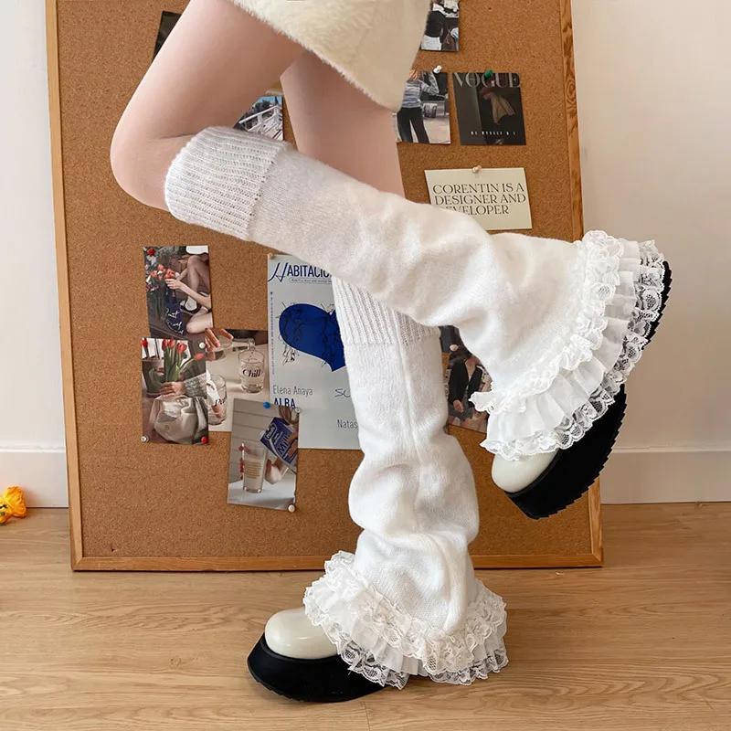 Vintage Lace Leg Warmers Sweet Japanese Leg Over Knee Socks Winter Warm Knit Y2K Leg Covers Harajuku Boot Cuffs Jk Lolita Sock