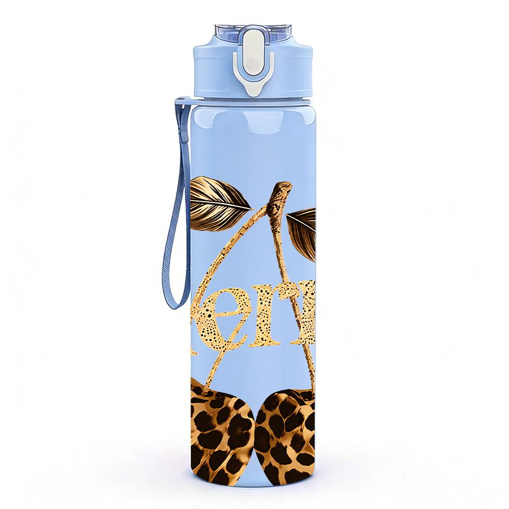 1PC Leopard Cherry Gold Letter Graphic,750ml Color Plastic Sports Water Bottle,Leakproof Flip Straw Lid,Suitable for Sports Office Home Use