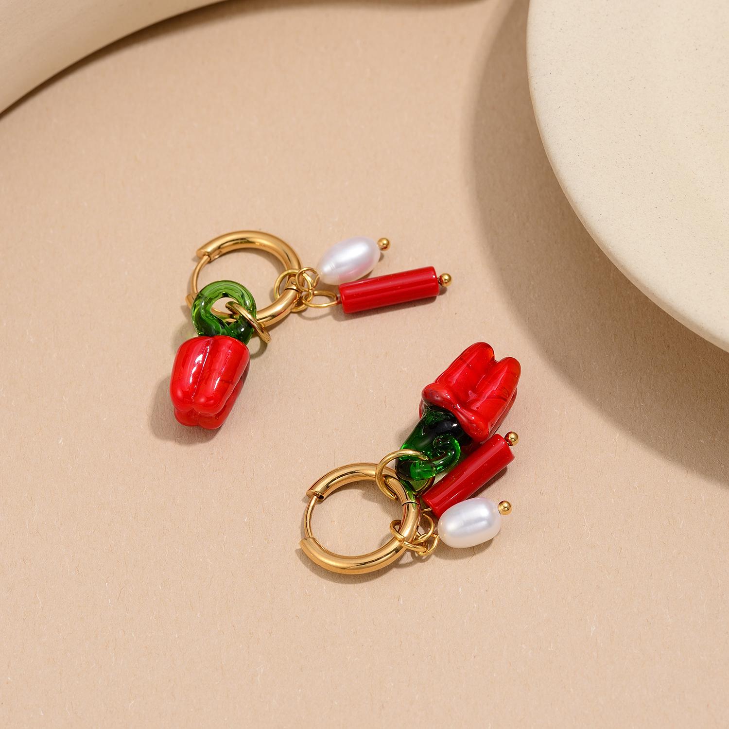 

Handmade 2in1 Chili Pearl Drop Earrings for Women Colorful Dopamine Hypoallergenic Jewelry Stainless Steel 18K Gold Plated Hoop
