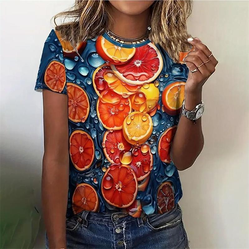 Summer Round Neck 3D Fruit Print Top Fashionable Casual Short Sleeved Women's T-shirts