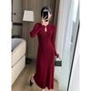 Red Knitted Improved Cheongsam Dress Autumn and Winter New Slim and Thin Banquet New Dress