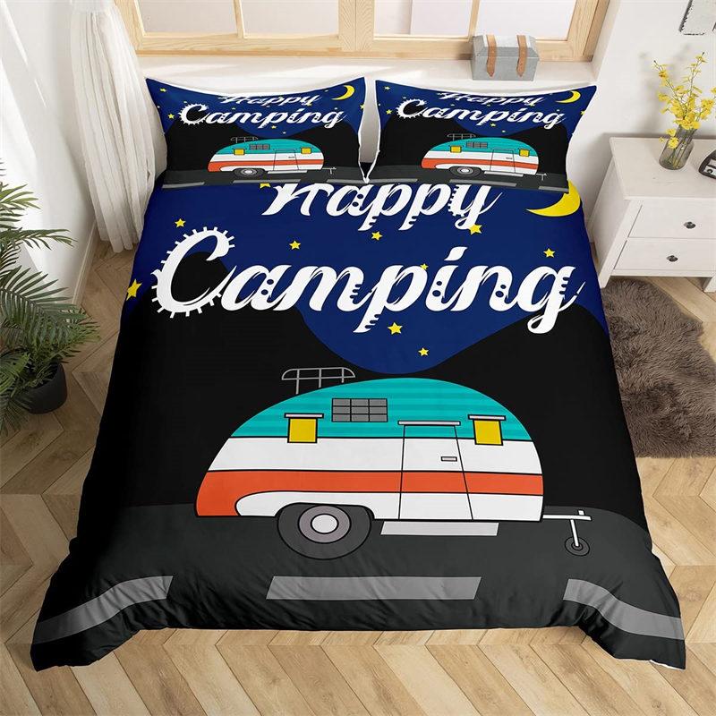 Happy Camping Dekbedovertrek Queen Cartoon Caravan Camping Beddengoedset Boerderij Stijl 3D Camper Dekbedovertrek Met Kussenslopen