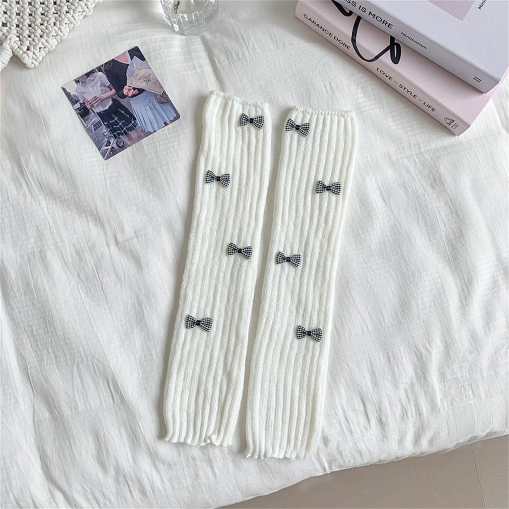 White Knitted Socks Bow Tie Lolita Long Socks Cute Leg Warmer for Women Girls