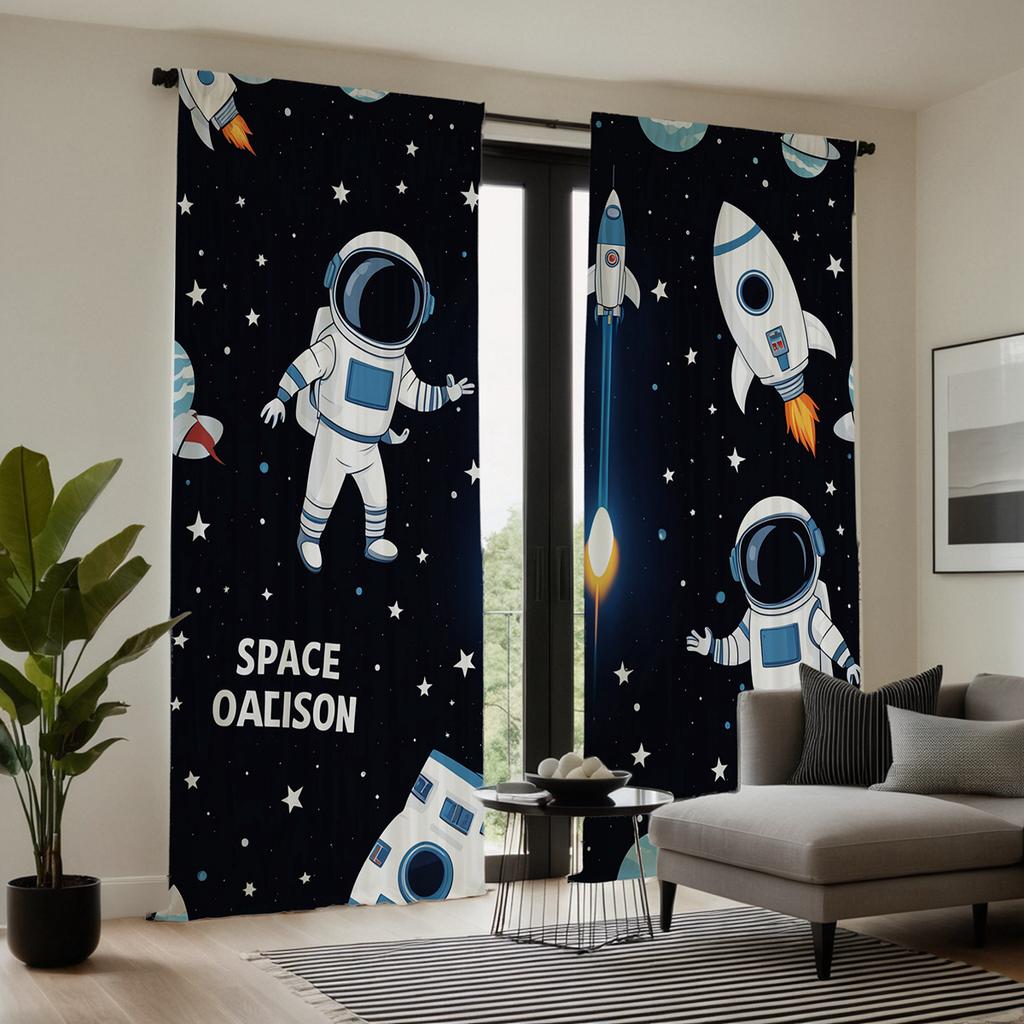 2 Pieces HD Digital Black Department Cartoon Planet Space Astronaut Curtains Home Decorating Style Decorating Living Room Bedroo