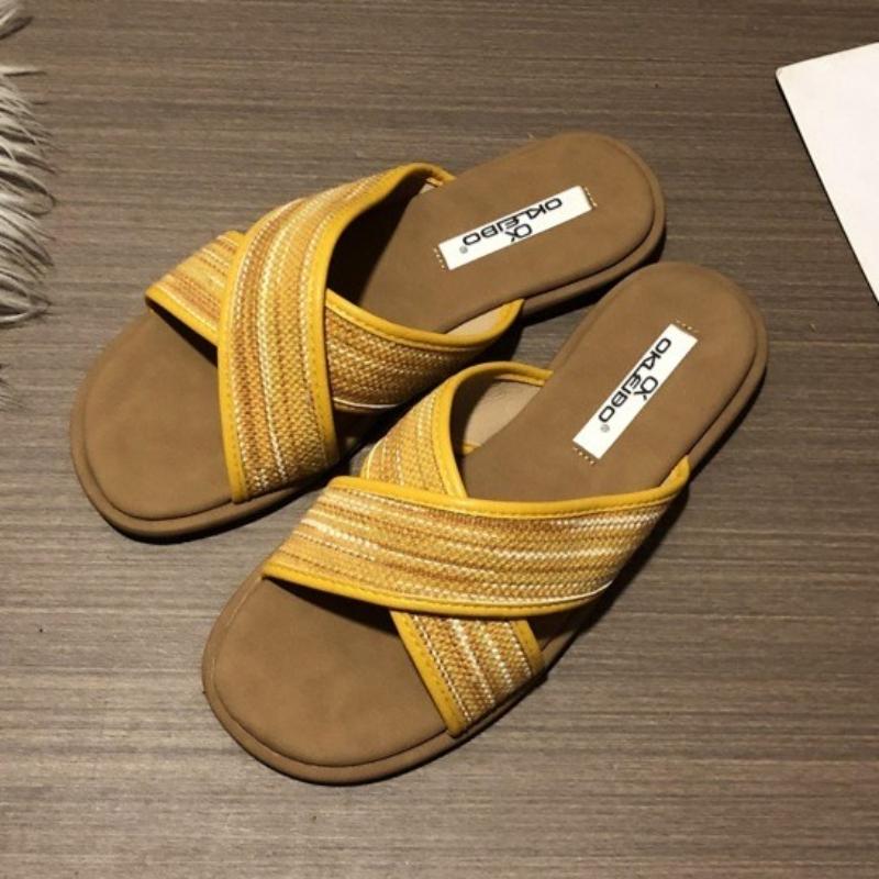 Fashion Fashion Weave Cross Tied Slippers Women Comfortable Concise Summer Open Toe Flat Slippers Casual Non Slip Vacation Beach Sandals