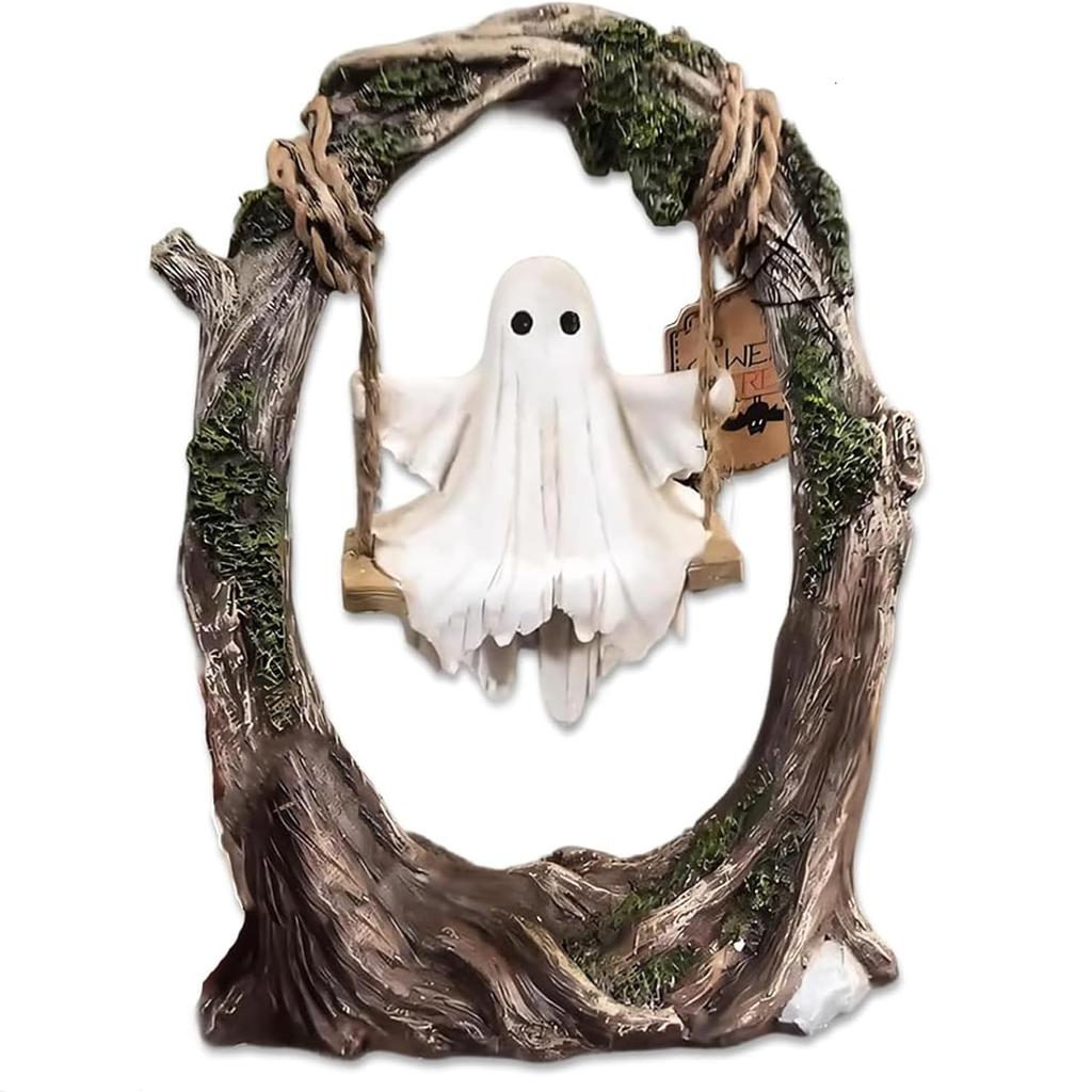 Swinging Ghost Ornament Resin Cute Spooky Halloween Figurine Multi-Purpose Small Ghost Figurine for Indoor Outdoor Porch