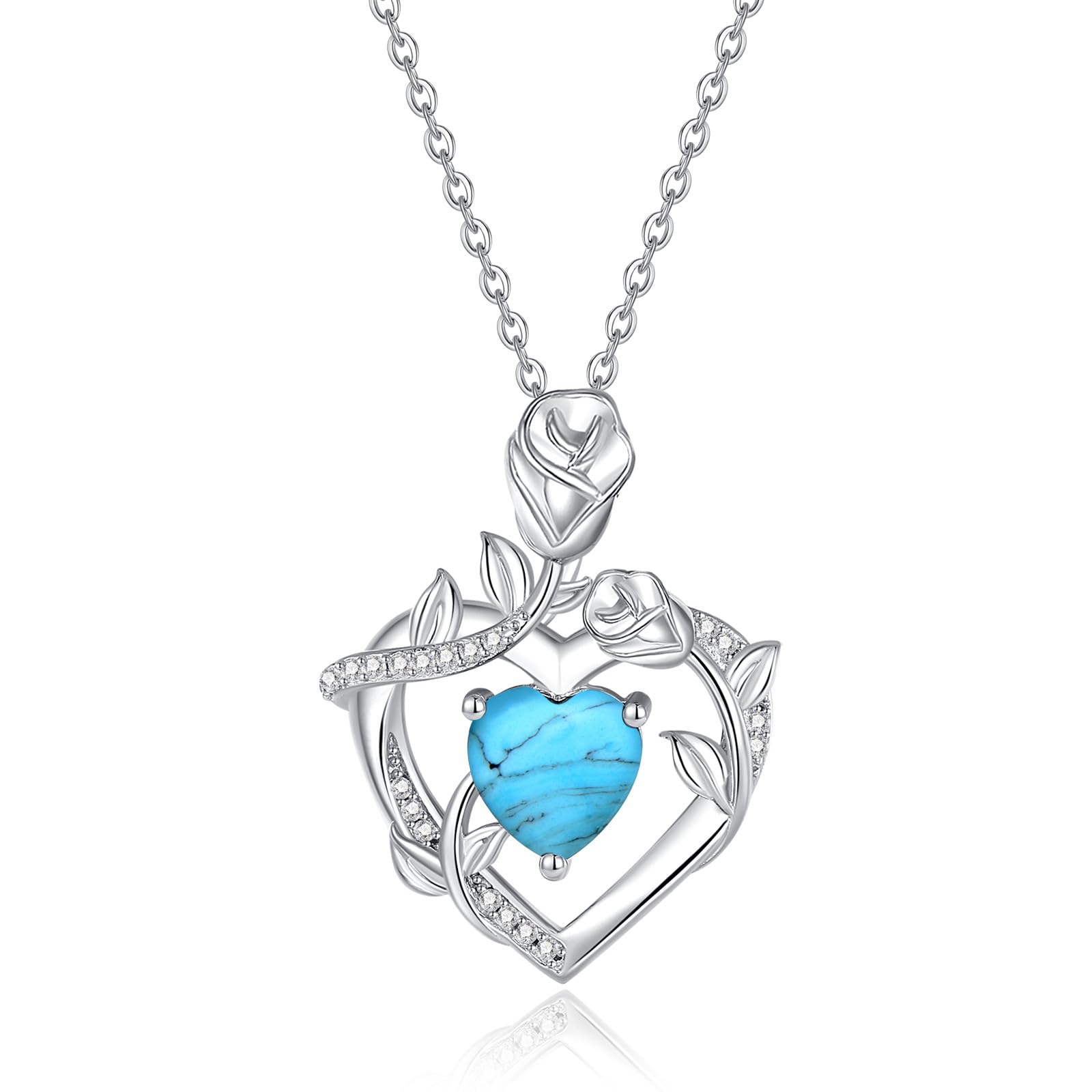 

Necklace for women Heart Rose Turquoise December birthstone Open heart Rose Zirconia Sterling silver For her White Day Day Birthstone Gift [FANCIME]