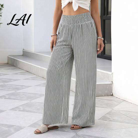 Women Casual Pants Striped Wide Leg Pants Summer Elastic Waist Breathable Trousers Loose Fit Palazzo with Pockets Daily Wear