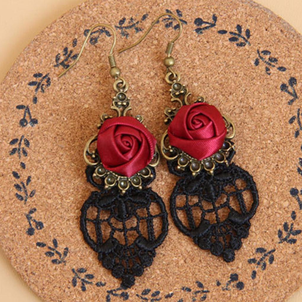 Gothic Dangle Earrings Medieval Retro Vampire Silk Red Rose Lace Elegant Party Costume Ball Drop Earrings Women Jewelry