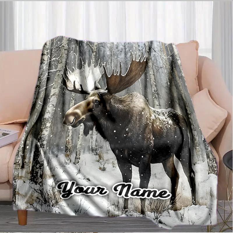 1PC Custom Name Moose Winter Forest outdooor Flannel blankets Throw Blanket All-Season Throw Gift Bedspread for Couch, Bed, Camping Holiday Birthday g