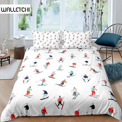Ensemble Housse de Couette Ski Ensemble de Literie Ski Dessin Animé Housse de Couette Thème Sport Design Sport Extrême Taille Queen King
