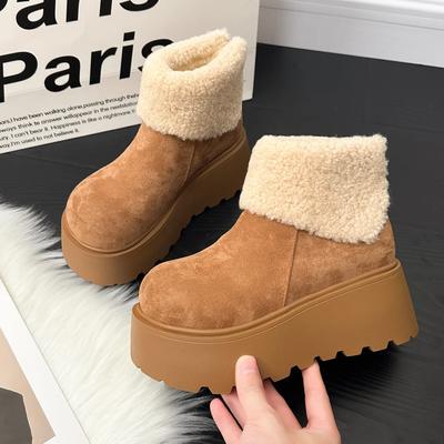 Snow Boots Women's Winter New Retro Thick Soled Height Increasing Cotton Boots Fashionable Round Toe Flanged Cotton Boots
