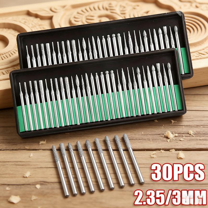 Diamond Drill Bit Grinding Burr Needle Point Carving Polishing Tool 30Pcs 2.35/3mm Rotary Set For Glass Jade Stone