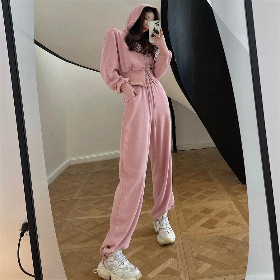 Early Autumn Sporty Double-Zip Hoodie & Drawstring Ankle-Tie Pants Set for Women