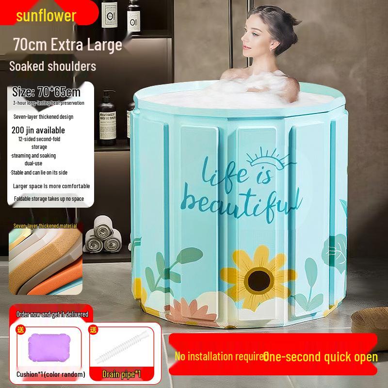 Folding Insulated Adult Soaking Tub - Anti-Rollover, Cotton-Padded, Large Size (Blue/Pink)