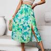 Women Spring Floral Print Skirt Summer Casual A-Line High Waist Middle Long Split Skirts S-XL