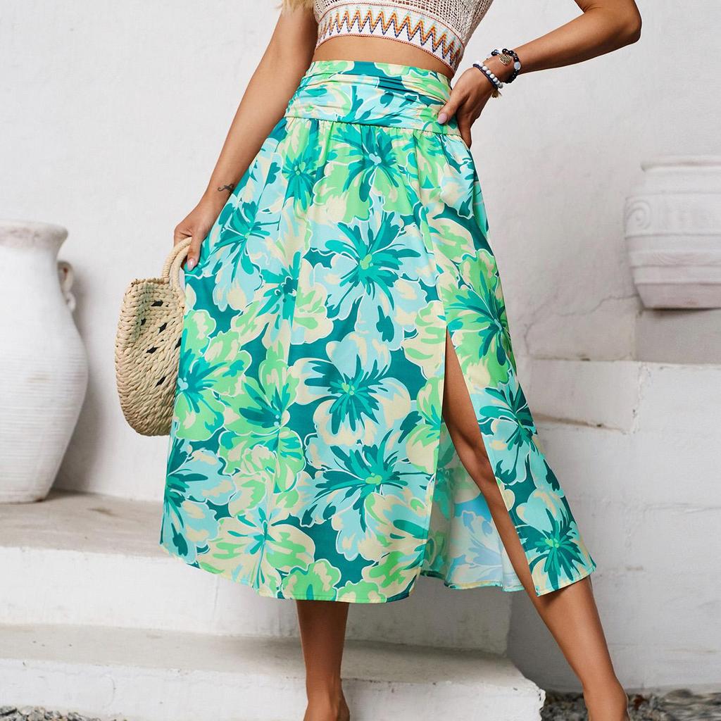 Women Spring Floral Print Skirt Summer Casual A-Line High Waist Middle Long Split Skirts S-XL