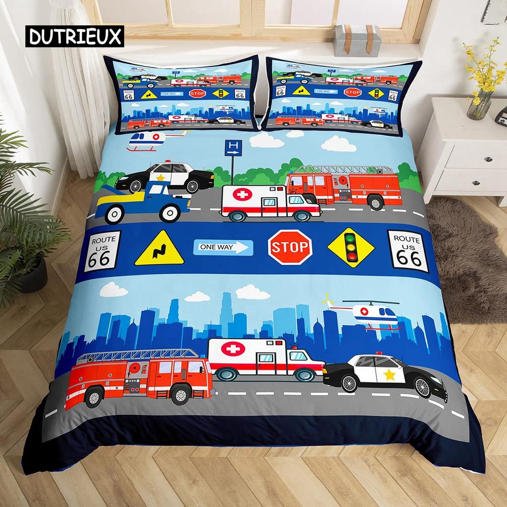 Kids Equipment Trucks Duvet Cover King Boys Cartoon Car Excavator Tractor Bedding Set Construction Highway Comforter Cover Set