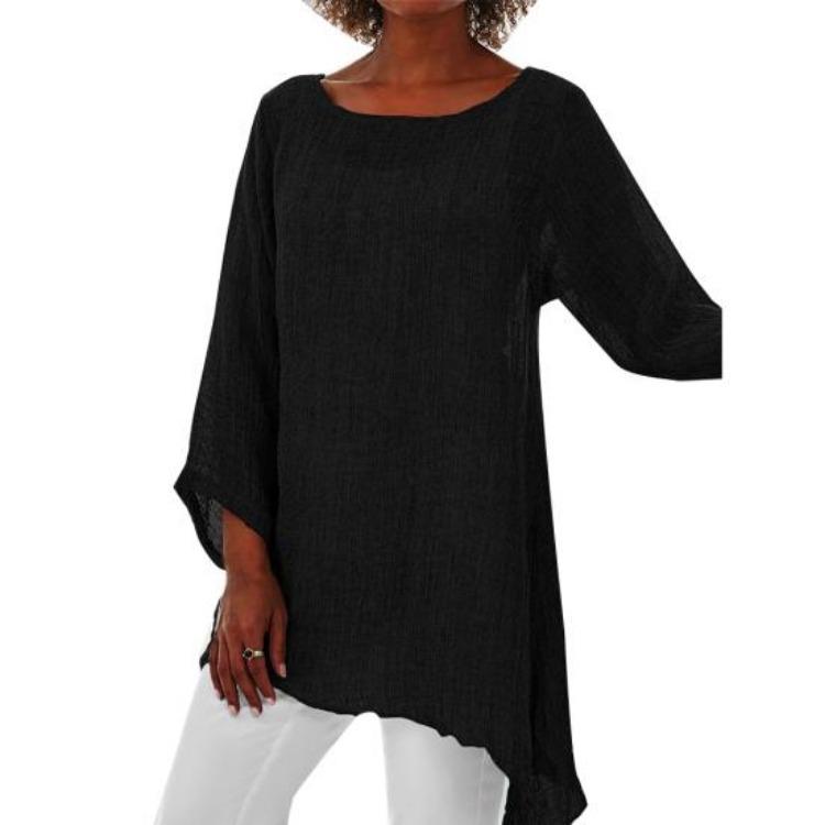 Autumn Chic Loose Pullover Blouse Long Sleeve O Neck Irregular Hem T Shirt Women