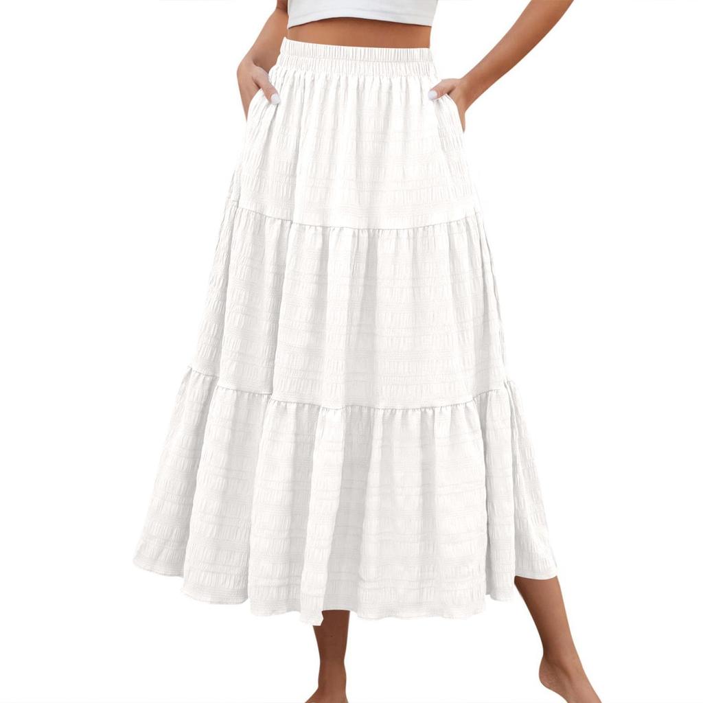 Women's Fashion Summer Bohemian Solid Color Elastic Waist A-line Pocket Half Length Skirt