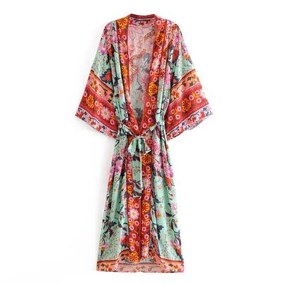 Women Green Peacock Print Bat Sleeve Beach Bohemian Kimono Robe Ladies V Neck Boho Bikini Cover-ups