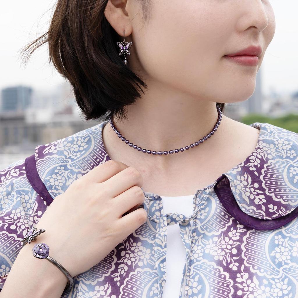 ANNA SUI Butterfly Motif Pearl Necklace Removable Charm Gunmetal Plated Choker SAMN207534XV