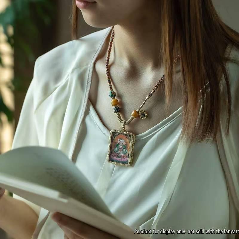 Tibetan Cross Dzi Thangka Gold Pendant Necklace Rope