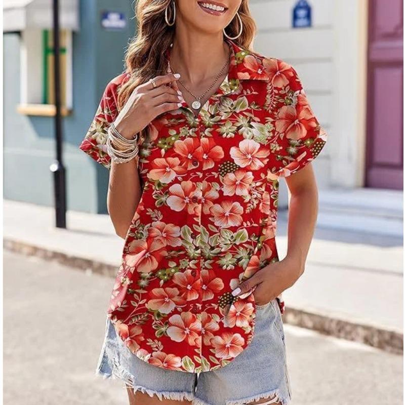 Sommer Neues Hawaiianisches Hemd für Damen Lässig Kurzärmelig Tropische Blume 3D-bedrucktes Hemd