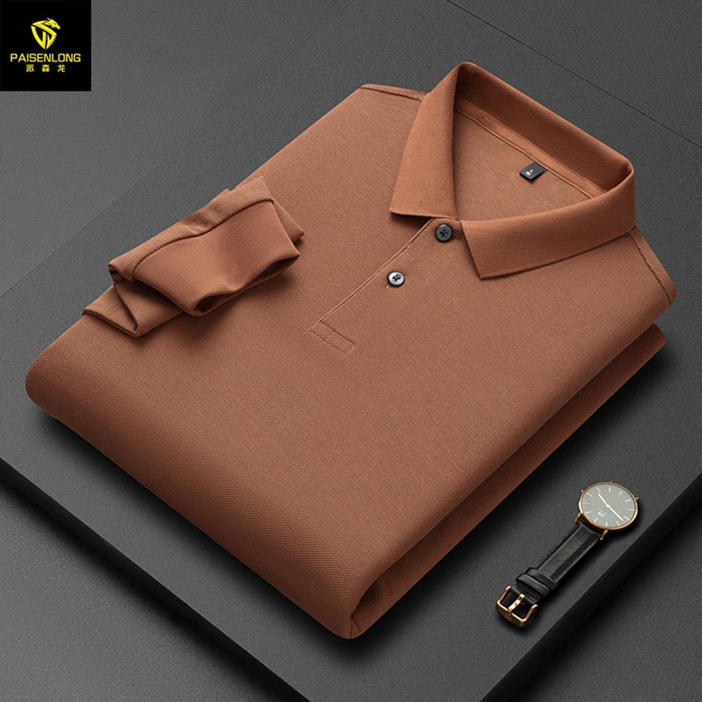 Autumn And Winter Lapel Slit Men'S Polo Shirt 100% Pure Cotton Hexagonal Beads Double-Sided Men'S Polo Shirt Long Sleeve