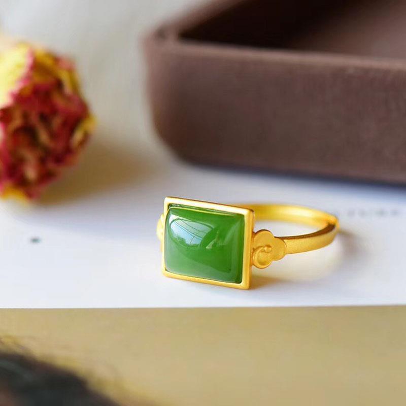 Gold-Plated Green Square Hetian Jade Flower Ring - Elegant, Simple Design
