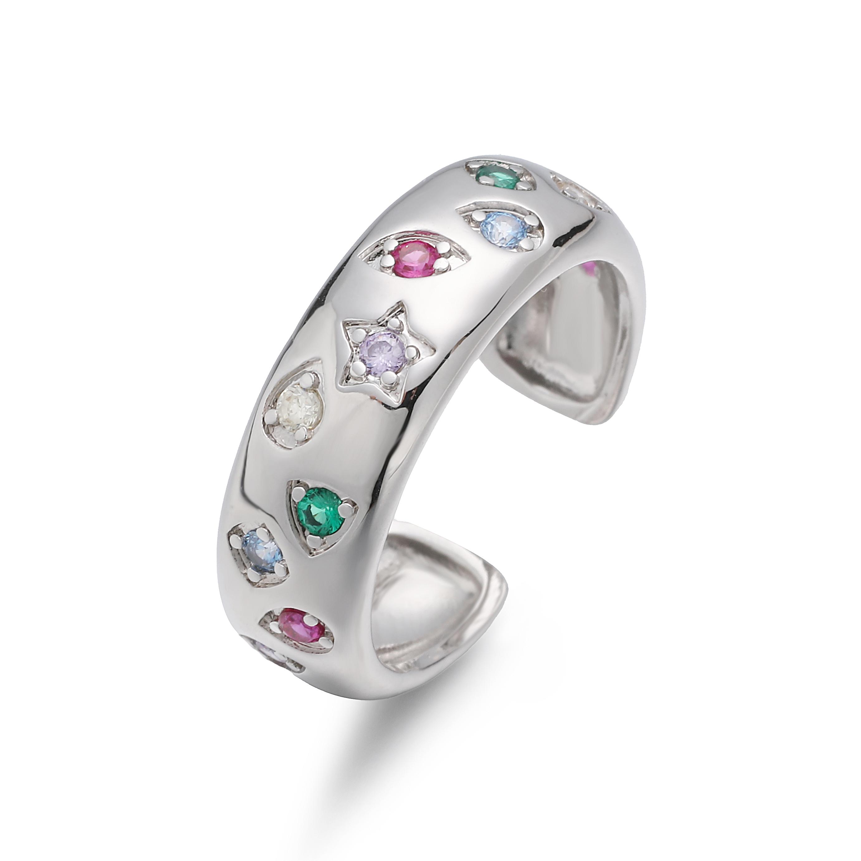 HECHENG,Colorful Round CZ Star-Shaped Geometric Ring Adjustable Open Band Korean-Style Wide Ring Unisex Zircon 1 Piece resizable