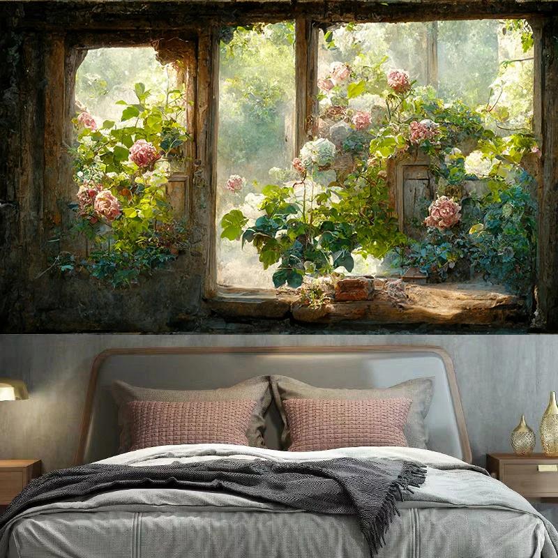 Vintage Garden Window Sill Floral Tapestry Wall Art Decoration Background Cloth Room Aesthetic  Home