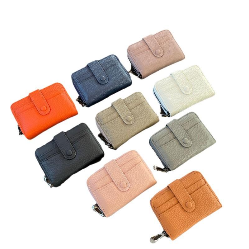 First-layer Cowhide Organ Multi-card Card Bag Women's Cover Zipper Change Purse Leather ID Clip Short