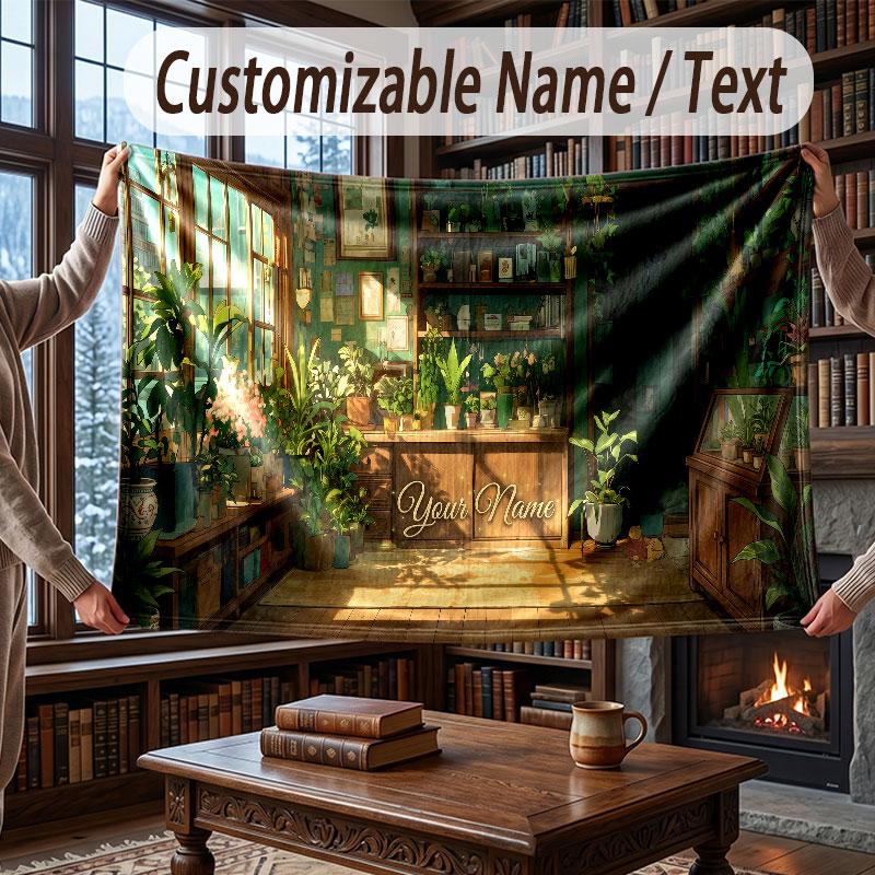 Floral Garden Theme Throw Blanket Custom Name Text Personalized Blanket Soft Cozy Blanket for Home Sofa Bed