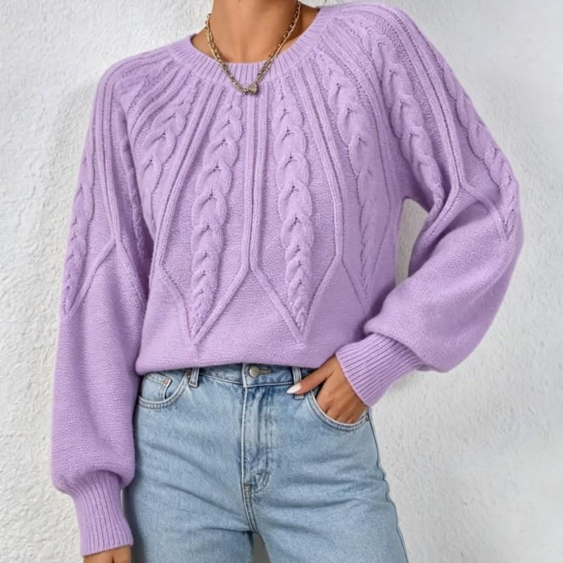 Womens Crew Neck Knit Sweater Long Sleeve Twist Solid Color Fall Winter Versatile Top