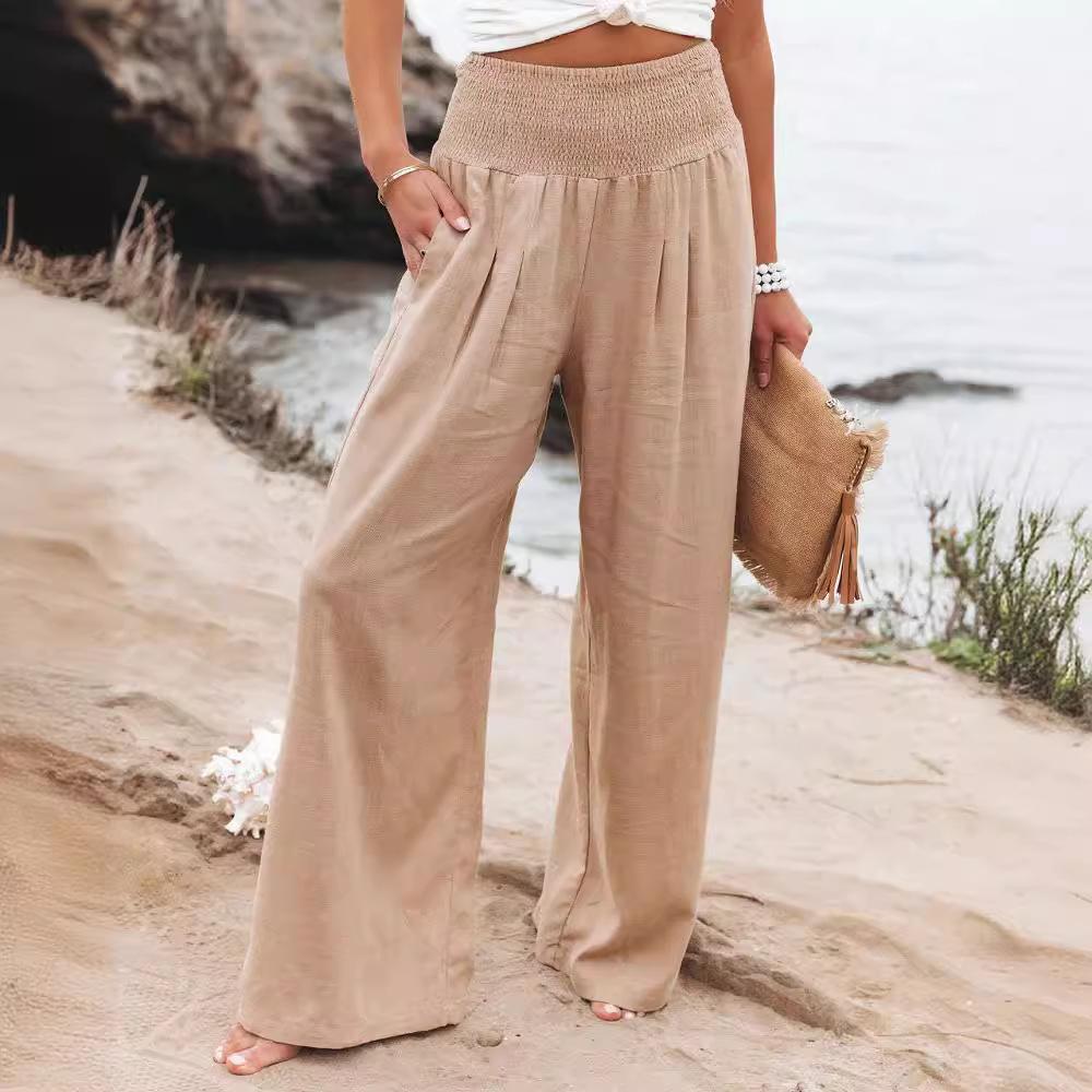 Women's Spring/Summer 2025 Cotton Linen Wide-Leg Pants - Solid Color, Elastic Waist, Casual Long Fit
