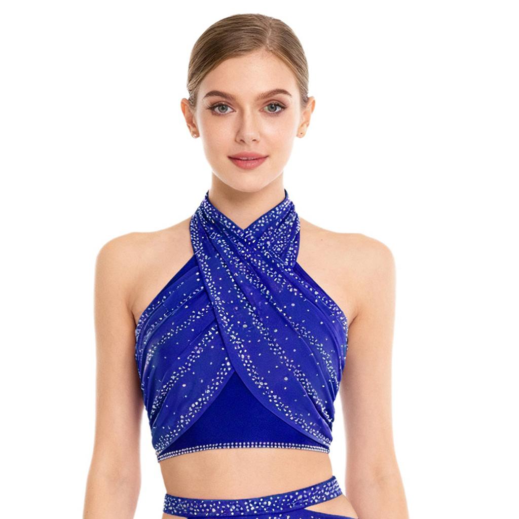 Womens Latin Dance Top Halter Sleeveless Strappy Backless Design Shiny Rhinestones Cross Front Ruched Mesh Crop Top